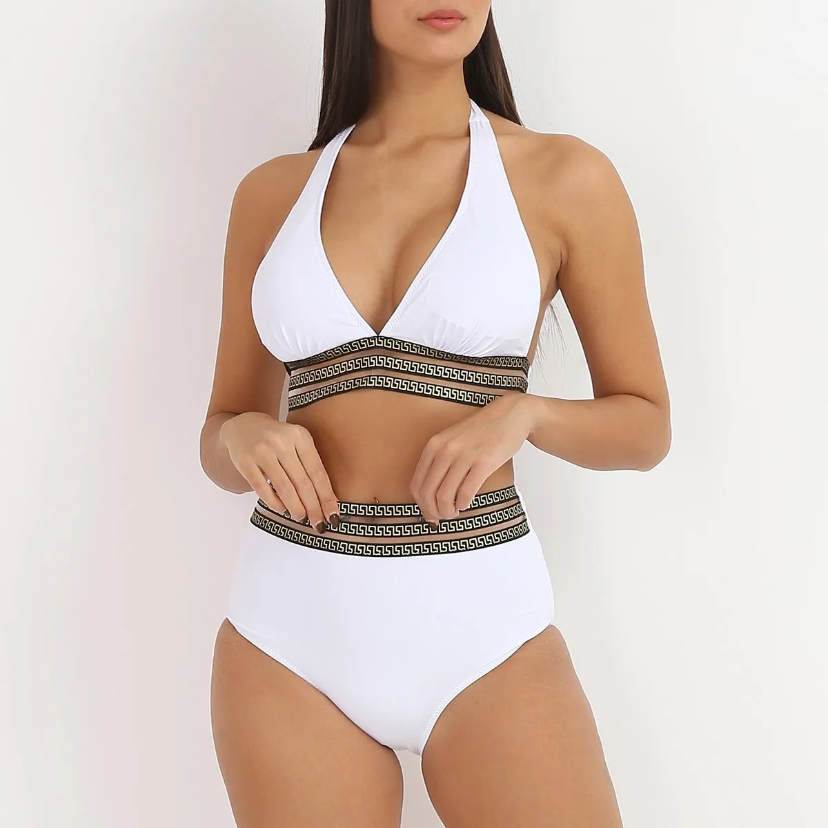 Bikini taille haute à motif Grecque- Blanc