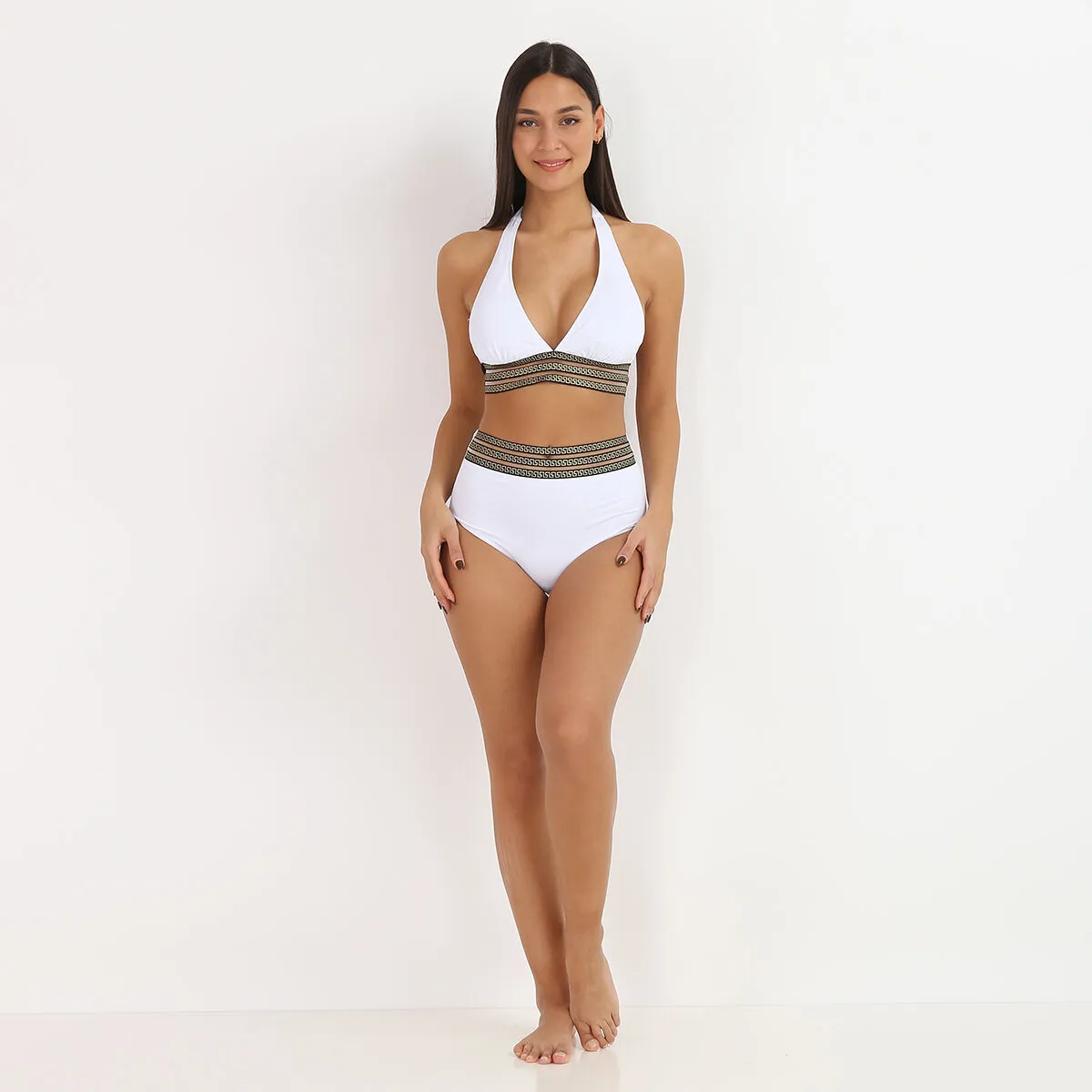 Bikini taille haute à motif Grecque- Blanc