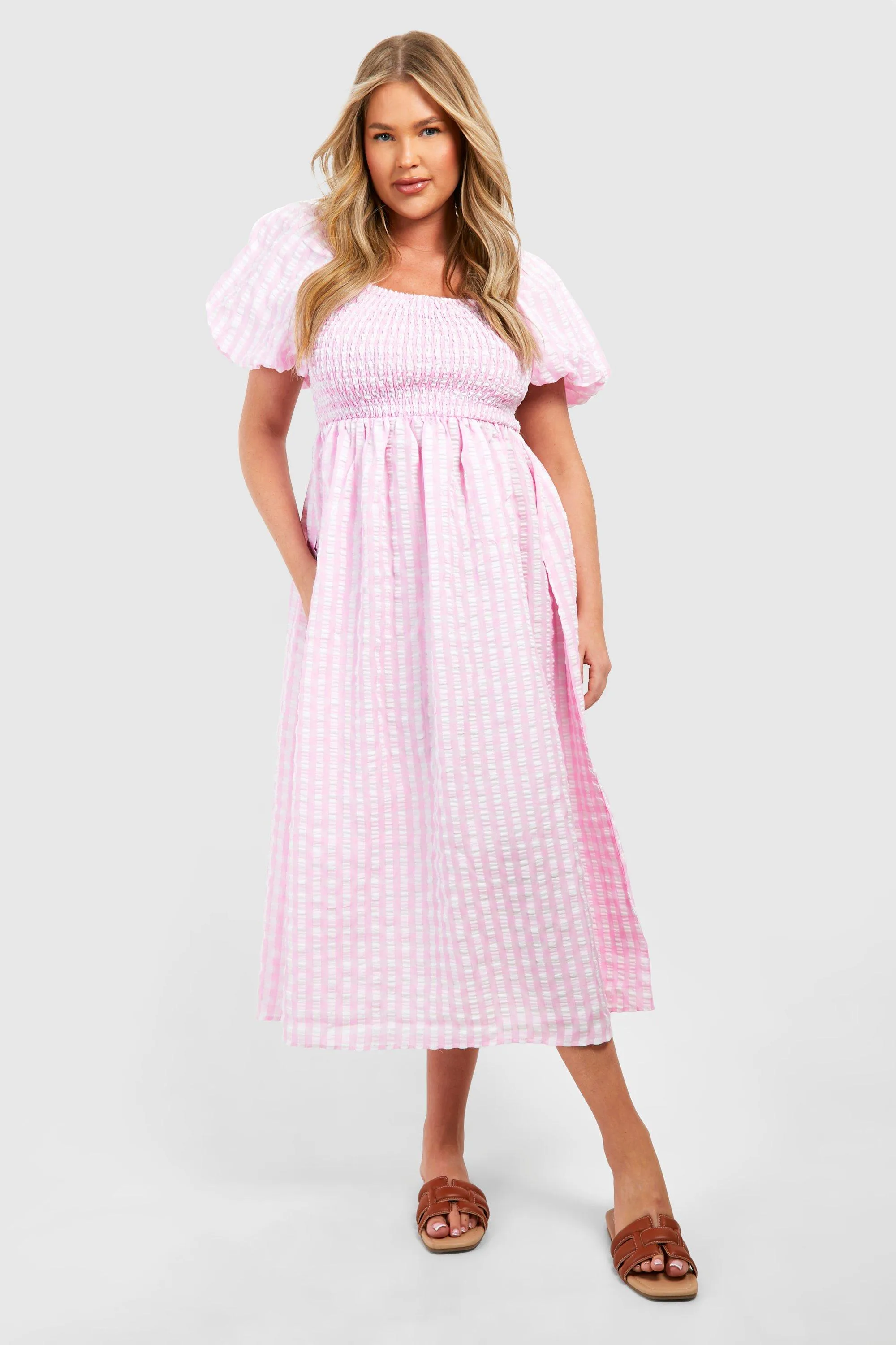 Grande taille - Robe mi-longue texturée à manches bouffantes