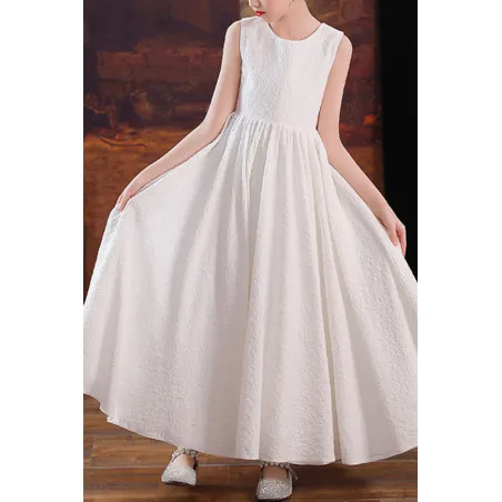 Jolie robe longue blanc en crèpe avec boléro assorti pour petite fille