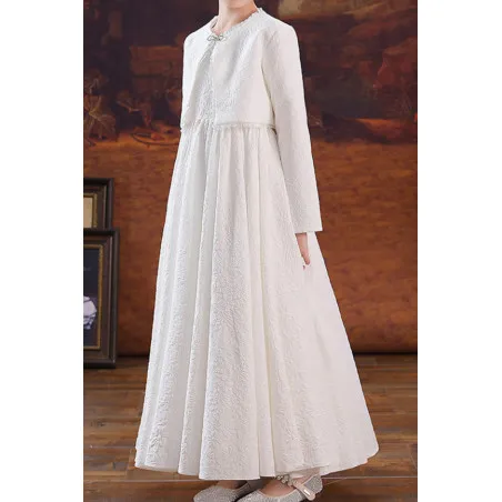 Jolie robe longue blanc en crèpe avec boléro assorti pour petite fille