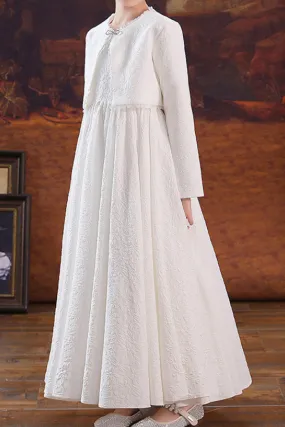 Jolie robe longue blanc en crèpe avec boléro assorti pour petite fille