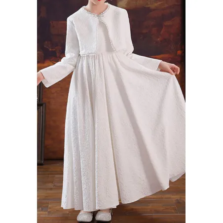 Jolie robe longue blanc en crèpe avec boléro assorti pour petite fille