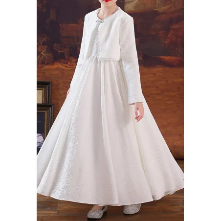 Jolie robe longue blanc en crèpe avec boléro assorti pour petite fille