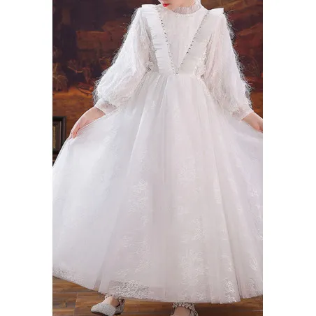 Jolie Robe petite fille blanche en tulle avec haut et  manches longues stylés