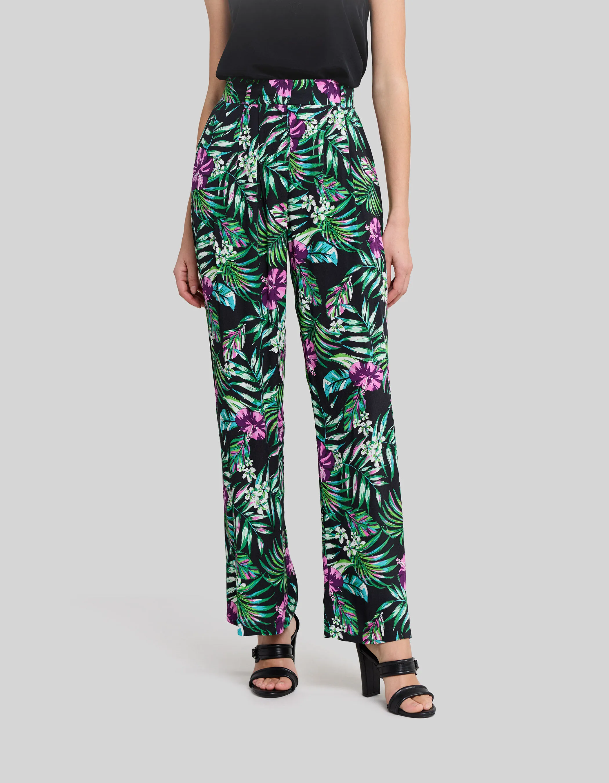 Pantalon large noir LENZING™ ECOVERO™ imprimé tropical Femme