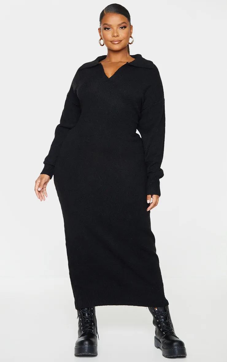 Plus Robe longue ample en maille tricot noire à détail col