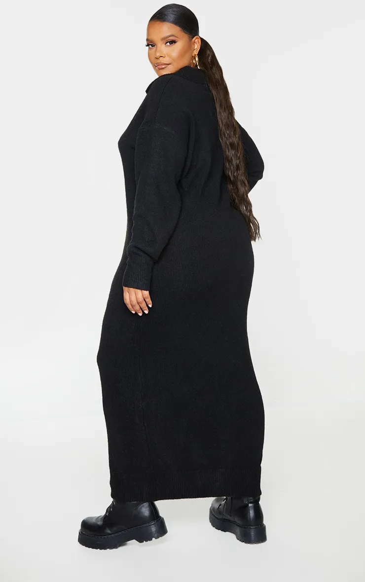 Plus Robe longue ample en maille tricot noire à détail col