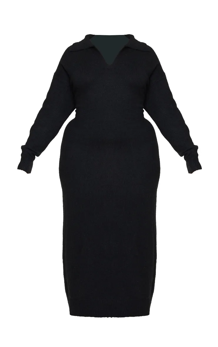 Plus Robe longue ample en maille tricot noire à détail col