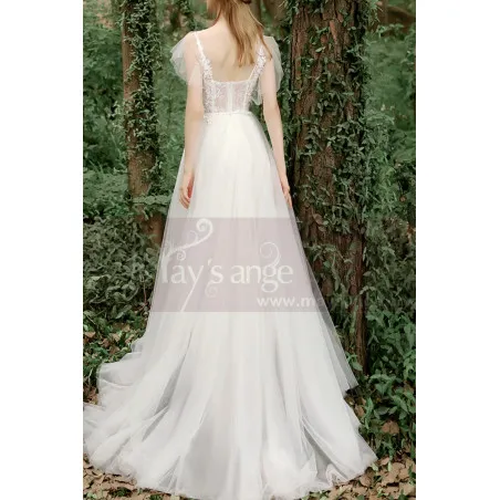 Robe Boheme Mariage Blanche Tulle Haut Illusion Avec Manches