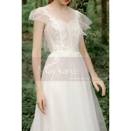 Robe Boheme Mariage Blanche Tulle Haut Illusion Avec Manches