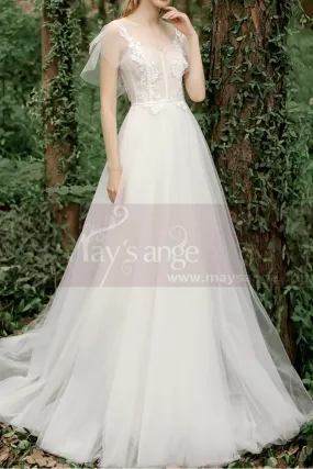 Robe Boheme Mariage Blanche Tulle Haut Illusion Avec Manches