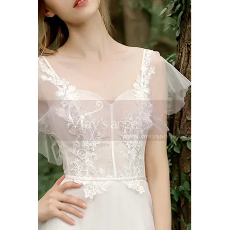 Robe Boheme Mariage Blanche Tulle Haut Illusion Avec Manches