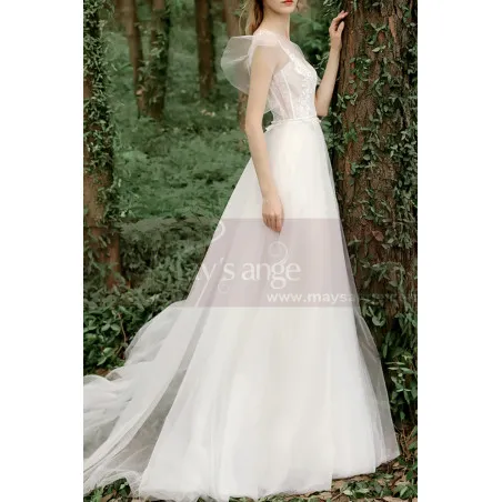 Robe Boheme Mariage Blanche Tulle Haut Illusion Avec Manches