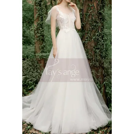 Robe Boheme Mariage Blanche Tulle Haut Illusion Avec Manches