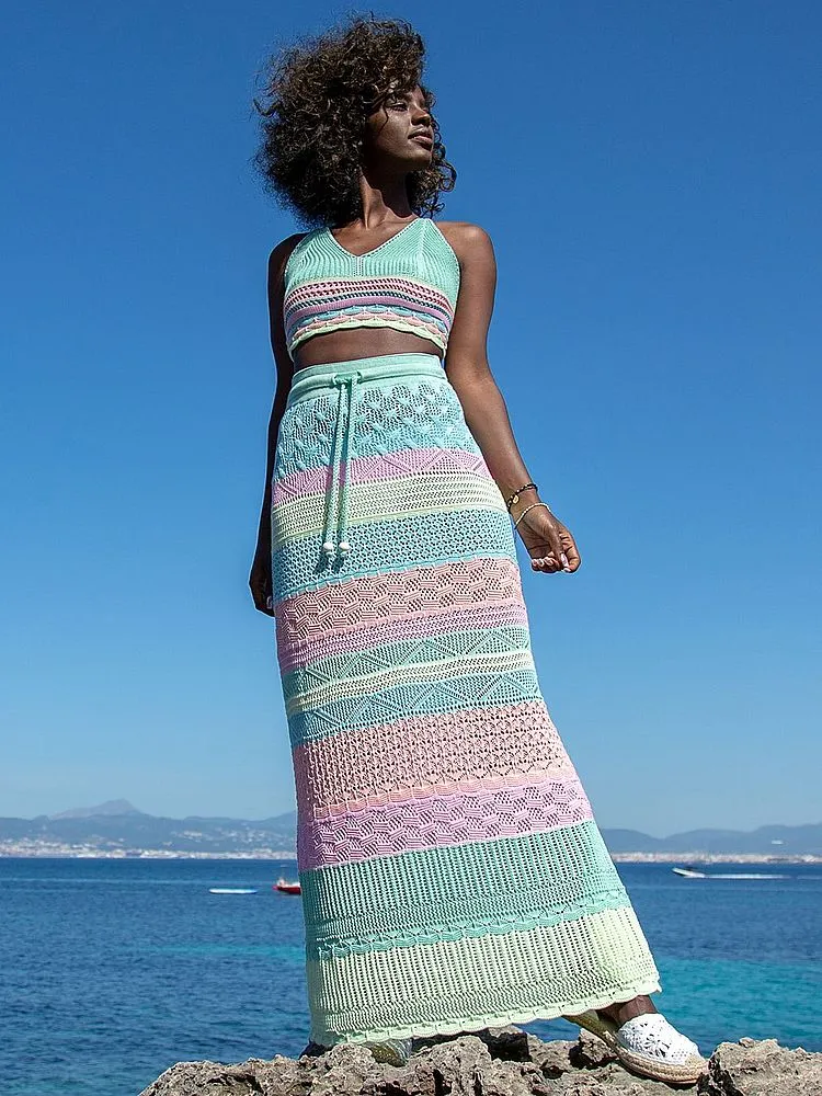 Robe Crochet Ensemble 2 Pièces Haut et Jupe Longue Ajourée