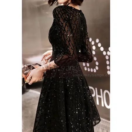 Robe de coktail simple couleur  noire avec strass et manches simples mi longues