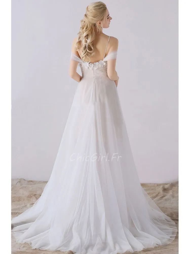 Robe De Mariée Princesse Blanche Tulle Fleurie Epaule Dénudée Bretelle Spaghetti