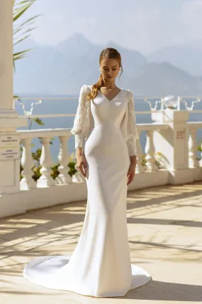 Robe De Mariée Simple Manches Longues Fluides Blanche