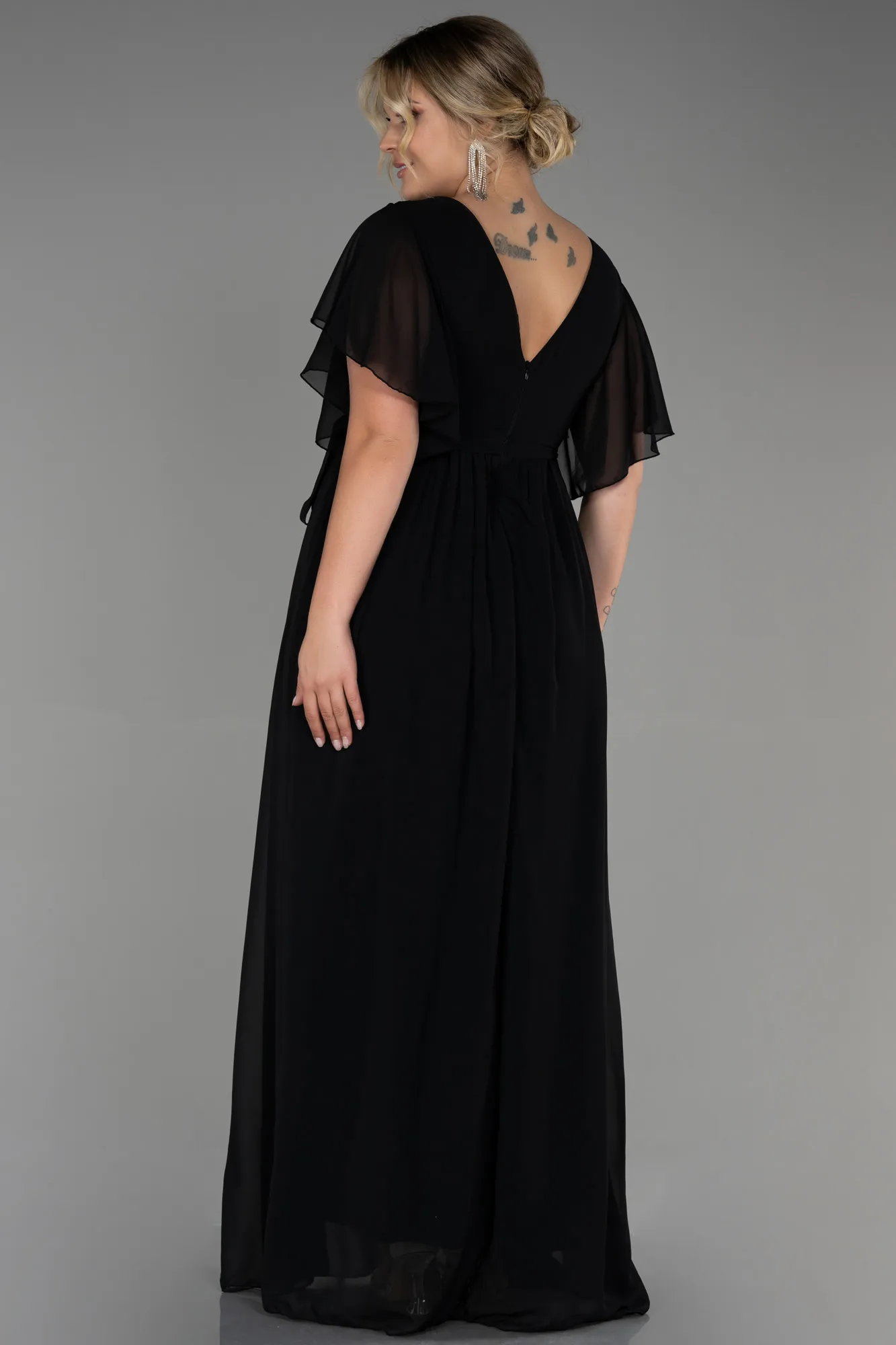 Robe de Soirée Grande Taille Longue Mousseline Noir ABU3276