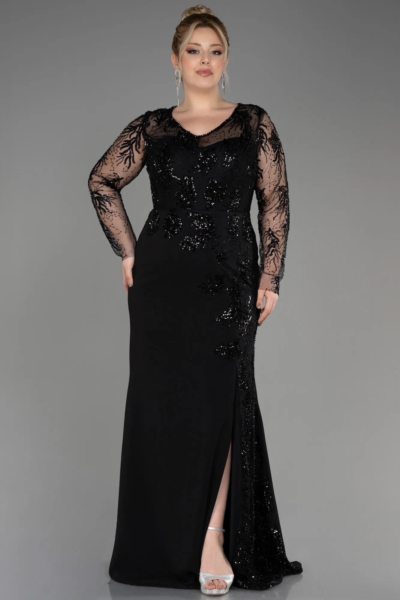 Robe de Soirée Grande Taille Longue Mousseline Noir ABU3843