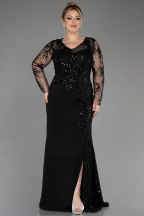 Robe de Soirée Grande Taille Longue Mousseline Noir ABU3843