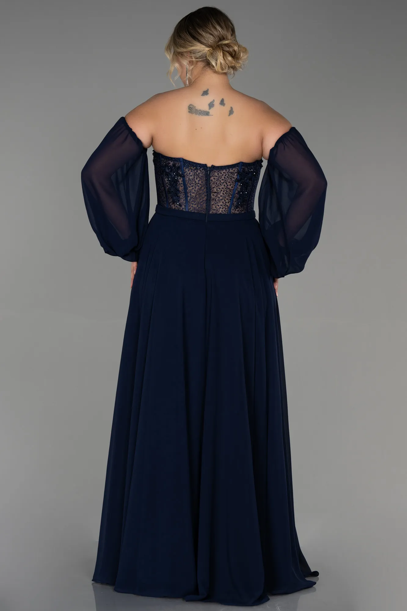 Robe De Soirée Grande Taille Mousseline Longue Bleu Marine ABU4000