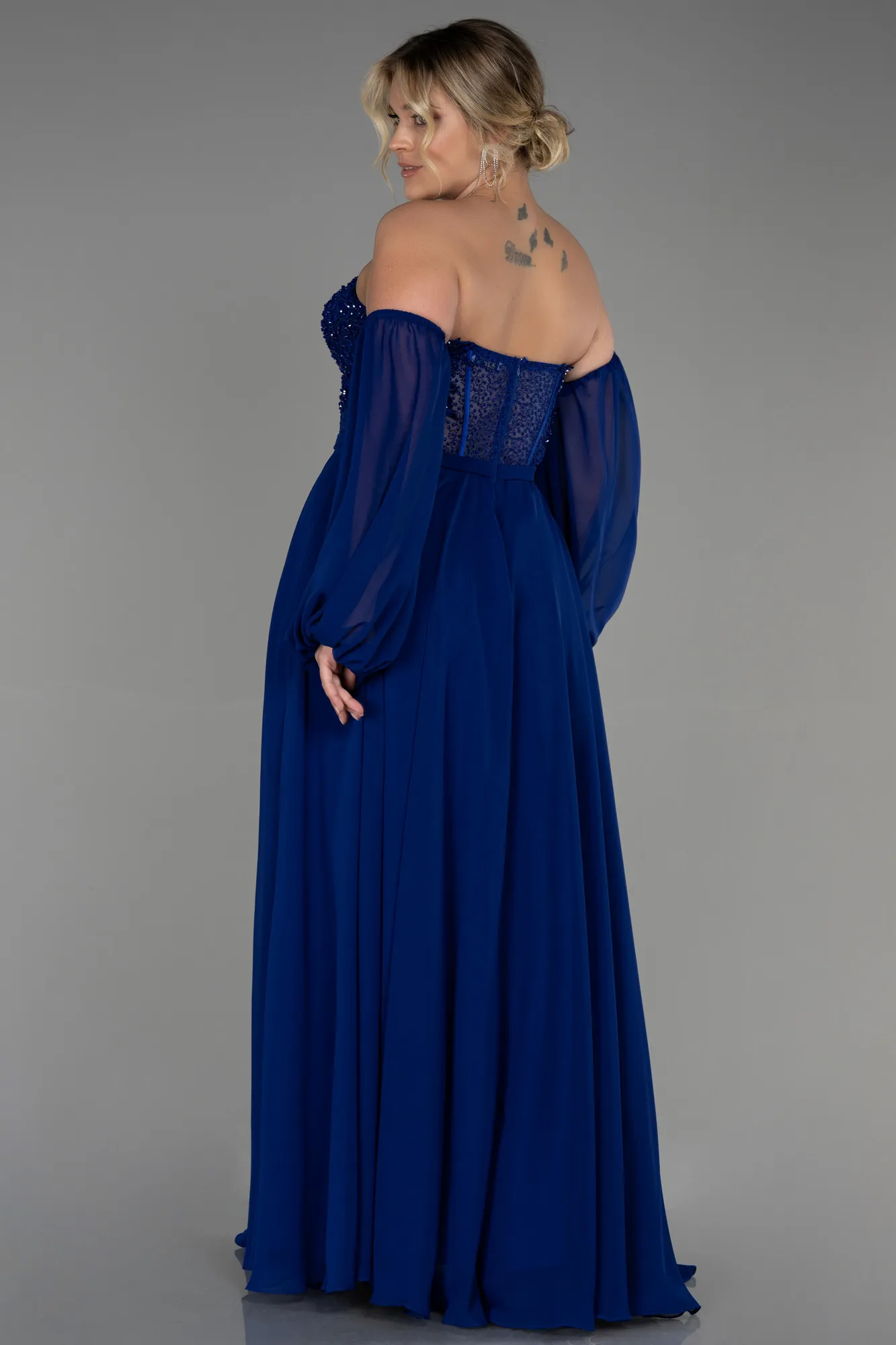 Robe De Soirée Grande Taille Mousseline Longue Bleu Marine ABU4000