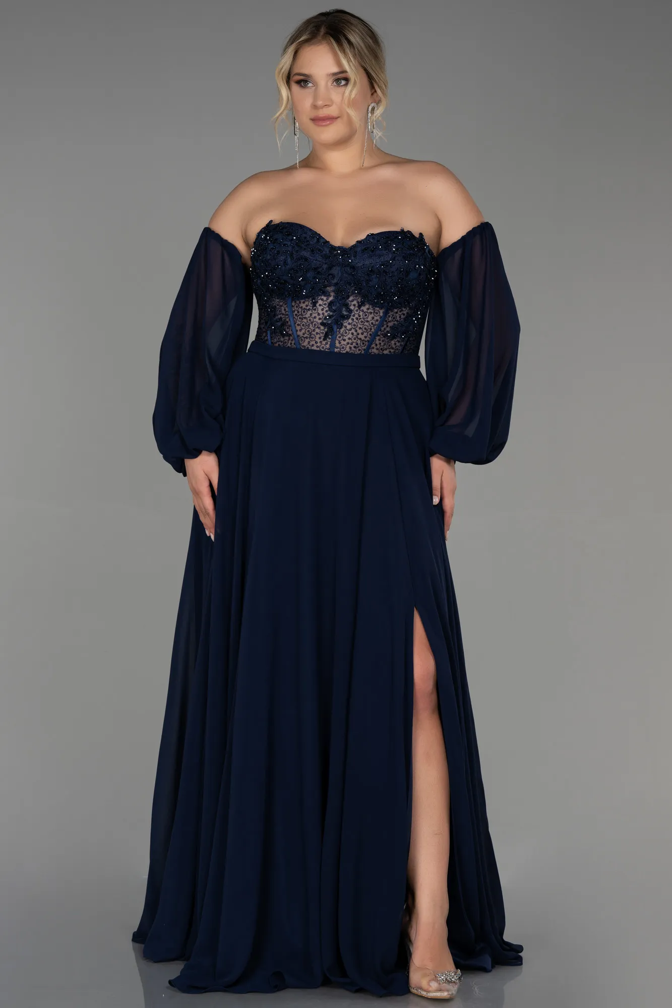 Robe De Soirée Grande Taille Mousseline Longue Bleu Marine ABU4000