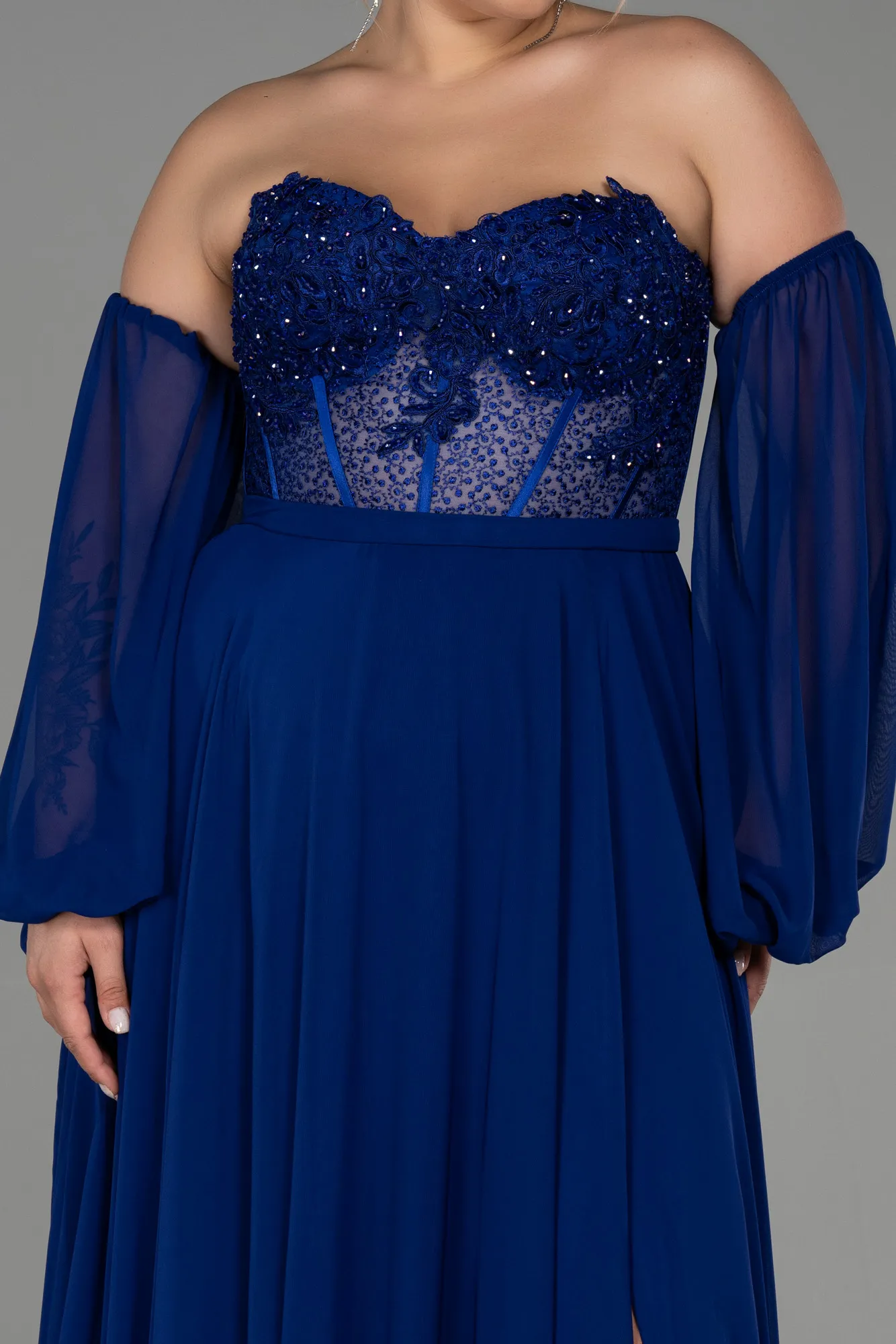 Robe De Soirée Grande Taille Mousseline Longue Bleu Marine ABU4000