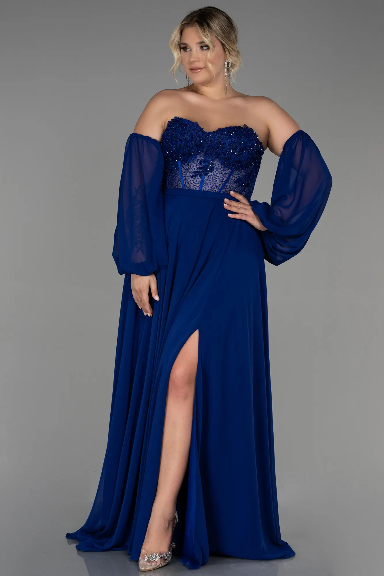 Robe De Soirée Grande Taille Mousseline Longue Bleu Marine ABU4000