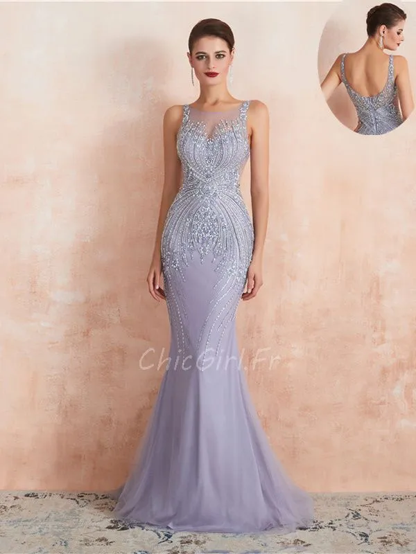 Robe De Soirée Sirène Longue Lavande Tulle Perle Dos Ouvert