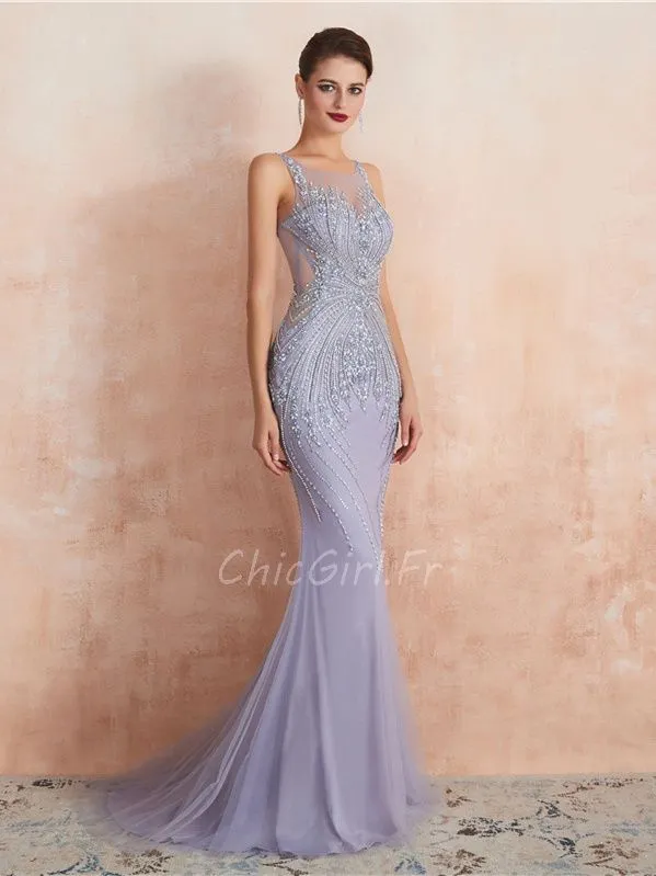 Robe De Soirée Sirène Longue Lavande Tulle Perle Dos Ouvert