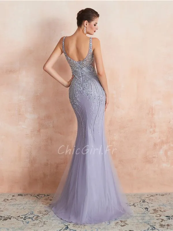 Robe De Soirée Sirène Longue Lavande Tulle Perle Dos Ouvert