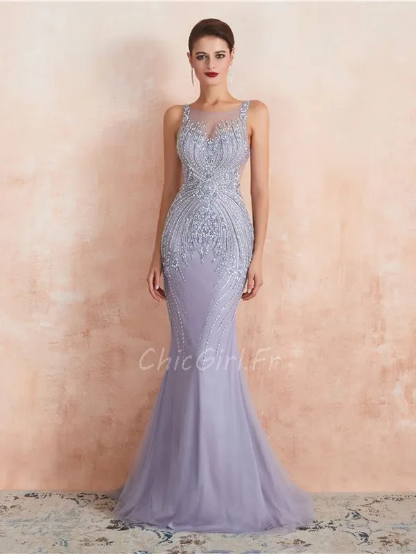 Robe De Soirée Sirène Longue Lavande Tulle Perle Dos Ouvert