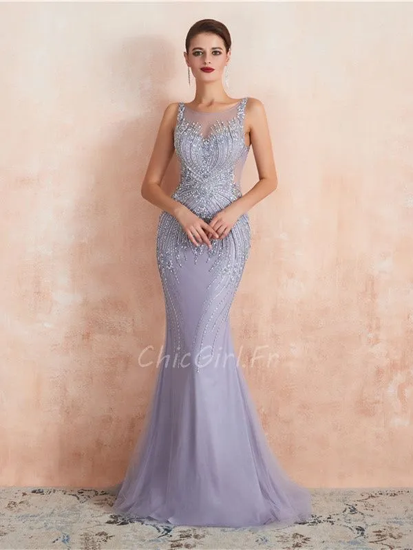 Robe De Soirée Sirène Longue Lavande Tulle Perle Dos Ouvert