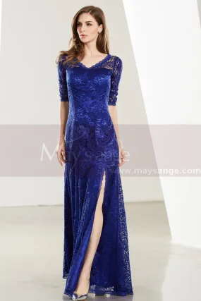 Robe Dentelle Bleu Roi Sexy Avec Manches Et Fente Sur Le Côté