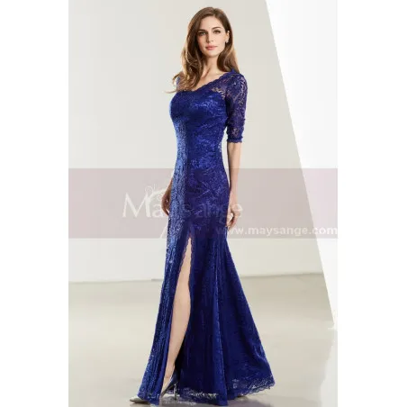 Robe Dentelle Bleu Roi Sexy Avec Manches Et Fente Sur Le Côté