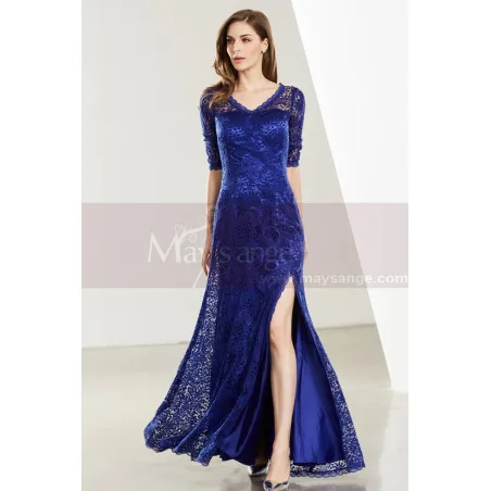 Robe Dentelle Bleu Roi Sexy Avec Manches Et Fente Sur Le Côté