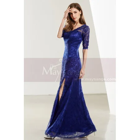 Robe Dentelle Bleu Roi Sexy Avec Manches Et Fente Sur Le Côté