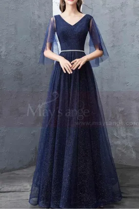 Robe Habillée Pour Mère De La Mariée Bleu Marine Manches En Voile