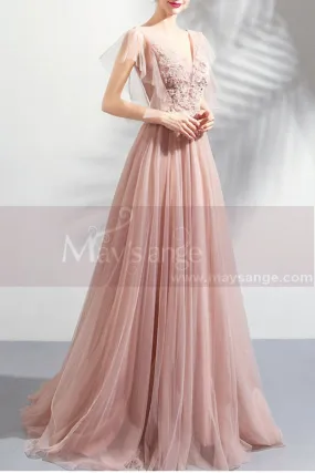 Robe Longue Elégante Pour Bal Manches Volantes Et Décolleté Au Dos