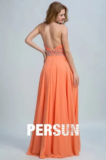 Robe longue orange col halter pour fiançailles dos échancré