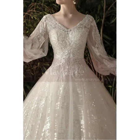 Robe Mariée Manche Longue Magnifique Décolleté V Avec Traine