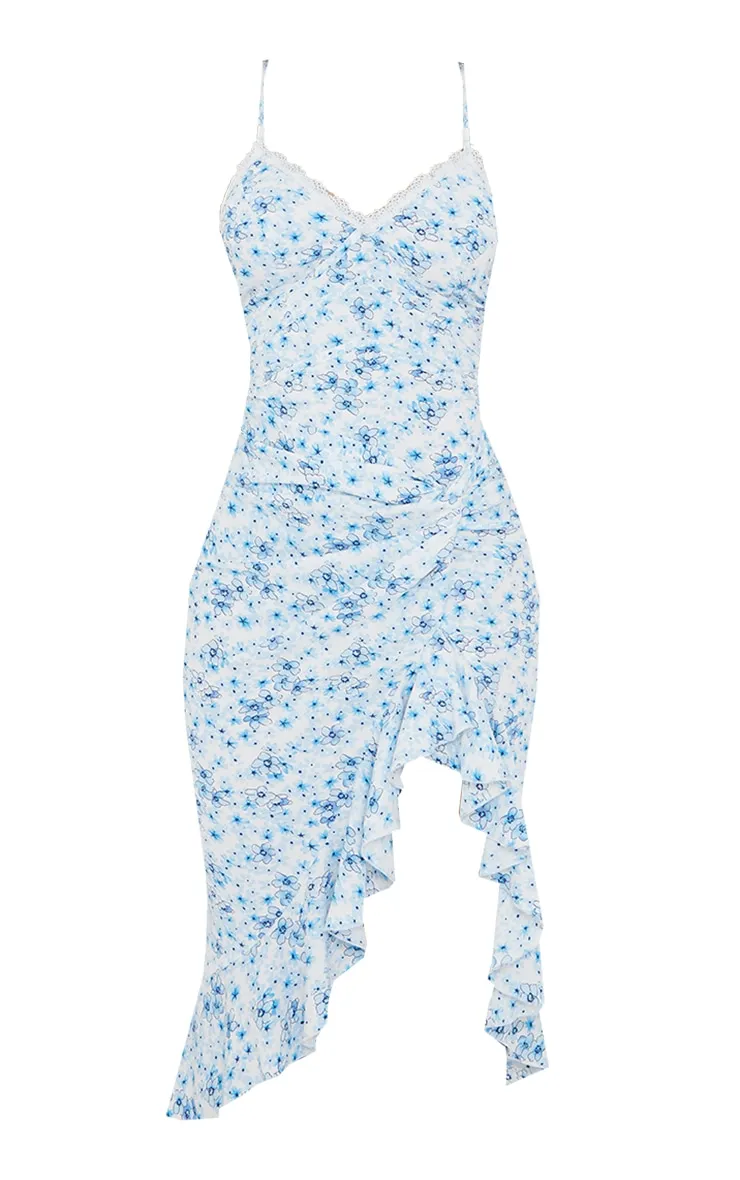 Robe mi-longue fleurie bleue à lacets dans le dos