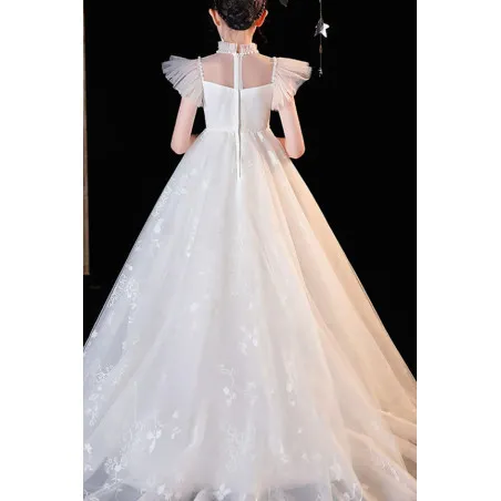 Robe princesse  en tulle blanc avec traine et manches courtes papillons pour petite fille