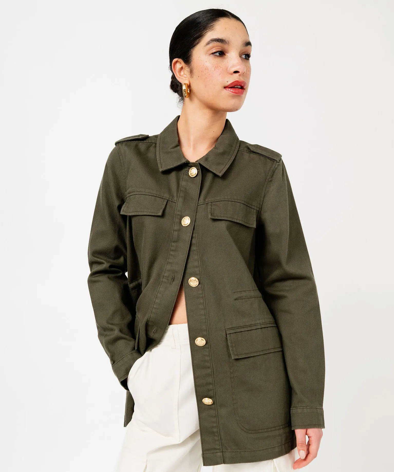 Veste style militaire en twill de coton à taille ajustable femme kaki