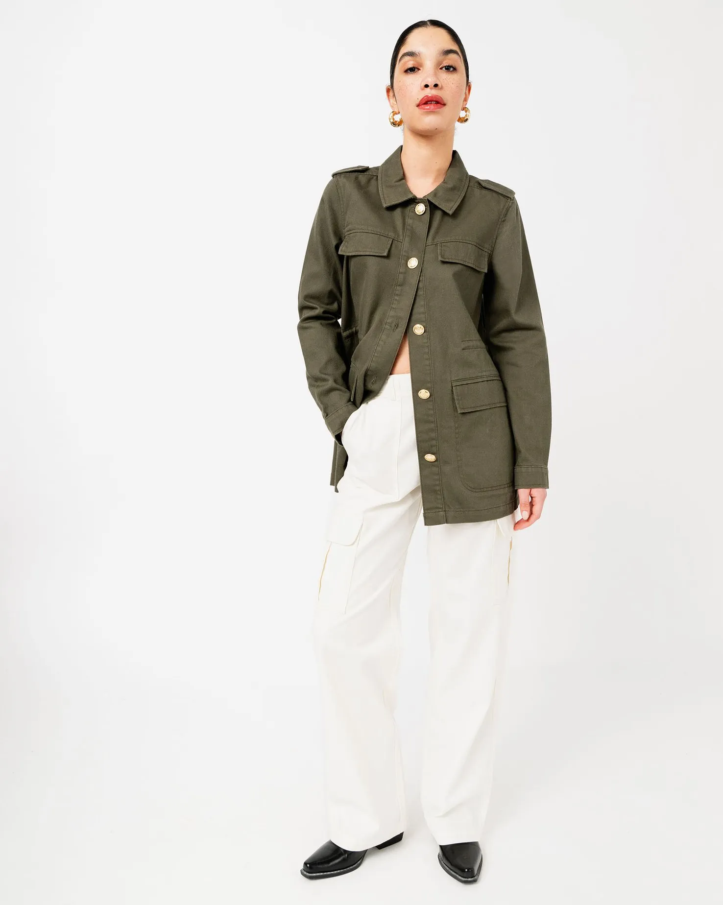 Veste style militaire en twill de coton à taille ajustable femme kaki